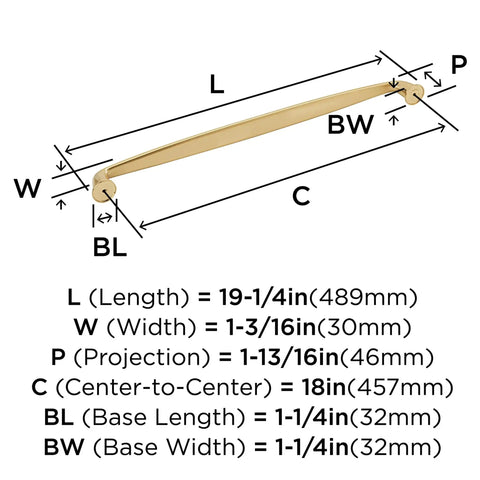 Diagram of Champagne Bronze Appliance Pull For Large Paneled Cabinets, 18 Inch Center To Center Cabinet Handle dimensions