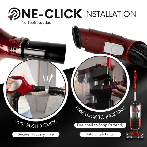 One-click installation of Upgraded Replacement Hose Handle for vacuum models ZU561 ZU562 ZU560 UV725 UV650, with push and click feature.