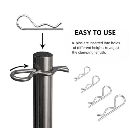 Beefy Adjustable Porous Clevis Pin Kit With Spring Steel 8 Hole Pin And R Clip for farm and automotive fasteners, detail view.