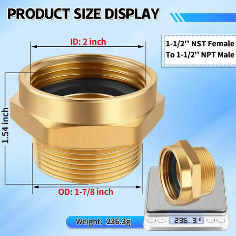 Brass Fire Hose Adapter One And A Half Inch NST NH Female To One And A Half Inch NPT Male Hex Nipple Connector size details