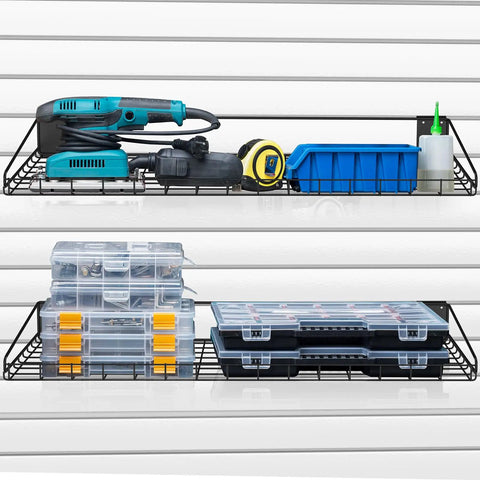 Two-Pack Heavy Duty Slatwall Shelves 23.6 By 11.8 Inch Metal Wire Shelves for Garage holding tools and storage boxes