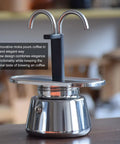 Close-up of Heavy Duty Stainless Steel Mocha Pot 2 Cup Dual Pipe Stovetop Espresso Maker Smooth Pour with elegant design.