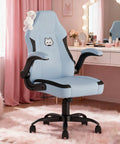 Light blue ergonomic desk chair with lumbar support and flip up armrests, PU leather office chair for home and gaming, plush decor