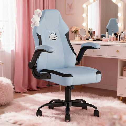 Light blue ergonomic desk chair with lumbar support and flip up armrests, PU leather office chair for home and gaming, plush decor