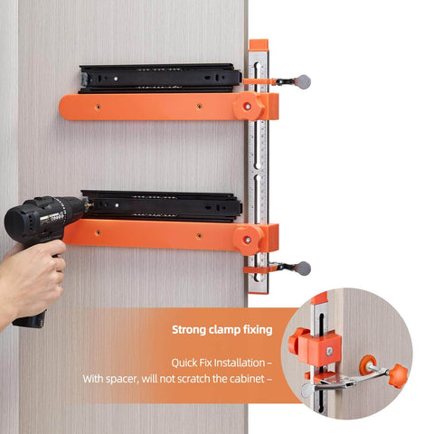Slide Installation Jig With Toggle Clamp And Magnetic Arm Locator for cabinets in use on wood surface with orange clamps.