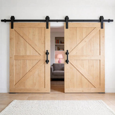 Dope Industrial Pipe Barn Door Handle Set In Rustic Black Iron, 12 Inch, installed on light wood sliding doors