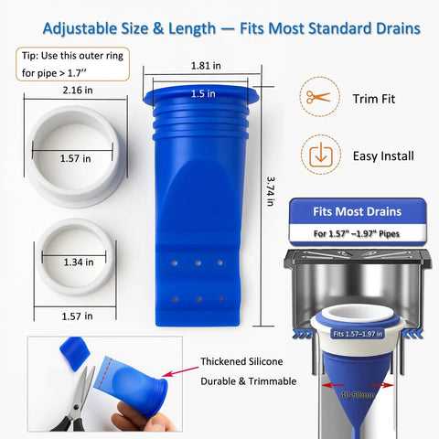 Diagram of Five Pack Thickened Adjustable Silicone Floor Drain Backflow Preventer With Odor Blocking One Way Valve, blue color.