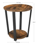 Round Side End Table Featuring Two Tier Storage Shelf No Sweat Assembly Nightstand for cramped rooms, 19.7" diameter, rustic brown top