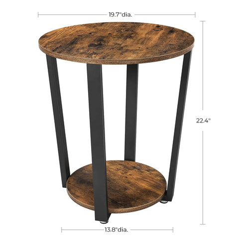 Round Side End Table Featuring Two Tier Storage Shelf No Sweat Assembly Nightstand for cramped rooms, 19.7" diameter, rustic brown top