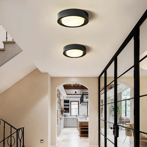 Matte Black Flush Mount Ceiling Light With White Frosted Glass Shade Two Light Round Metal Fixture 13 Inch Modern Design