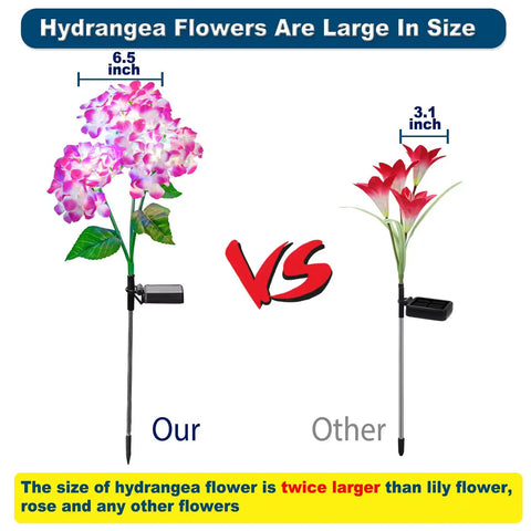 Comparison of 3 Pack Upgraded Solar Garden Lights Colorful Hydrangea Flower vs regular flower with solar panel size difference.