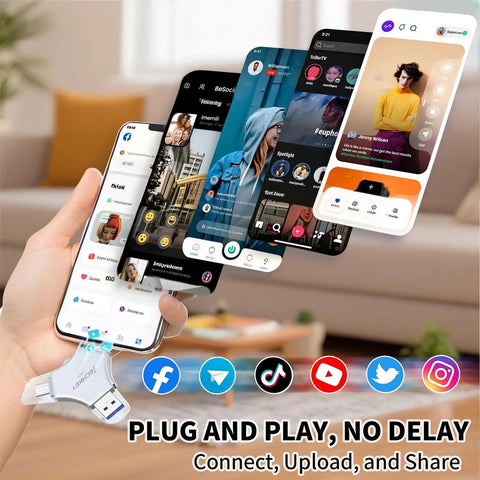 3 In 1 USB Flash Drive For iPhone iPad, 256GB, MFi Certified, Lightning USB C USB A Multi Function Memory Stick, Metal Durable Silver, Fast Transfer And Safe Data Storage connected to iPhone