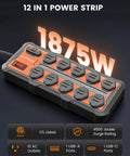 Heavy Duty 12 Outlet Power Strip With USB A And USB C Ports, 4500J Surge Protection, Overmolded Rubber Housing, 12 in 1 design
