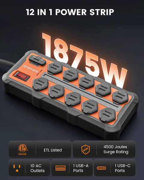 Heavy Duty 12 Outlet Power Strip With USB A And USB C Ports, 4500J Surge Protection, Overmolded Rubber Housing, 12 in 1 design