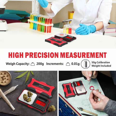 Red portable digital pocket scale with 200g capacity and 0.01g readability used for jewelry, herbs, and scientific measurements.