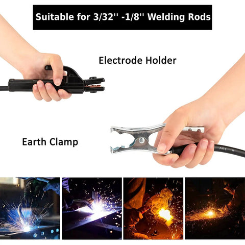 110V Mini Arc Welder 200A MMA Welding Machine With IGBT Digital LCD Display showing electrode holder and earth clamp in use