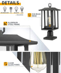 Close-up of Big Outdoor Post Light in Black Cast Aluminum With Clear Glass, features E26 bulb base and aluminum frame details.