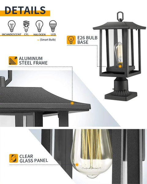 Close-up of Big Outdoor Post Light in Black Cast Aluminum With Clear Glass, features E26 bulb base and aluminum frame details.