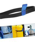 Go-To Neoprene Scuba Tank Belt with Secure Attachment Strap for Decompression Tanks, shown with yellow and blue cylinders.