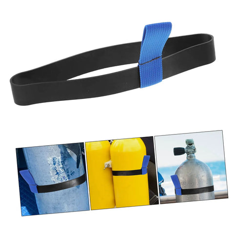 Go-To Neoprene Scuba Tank Belt with Secure Attachment Strap for Decompression Tanks, shown with yellow and blue cylinders.
