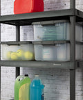 18 Pack Plastic Storage Bins With Lids 25 Quart Gray Shelf Totes Heavy Duty Durable Clear Containers Fits Standard Shelving Made In Usa on shelves with sports equipment and cleaning supplies.