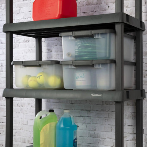 18 Pack Plastic Storage Bins With Lids 25 Quart Gray Shelf Totes Heavy Duty Durable Clear Containers Fits Standard Shelving Made In Usa on shelves with sports equipment and cleaning supplies.