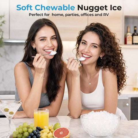 Two women enjoying soft chewable nugget ice from the Slick Countertop Nugget Ice Maker With Self Dispensing Tray Drops Thirty Three Pounds Of Fresh Chewy Ice Daily Ready In Ten Minutes For Every Home Bar Or Big Bash.