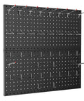 Heavy Duty Metal Pegboard Wall Organizer for Garage and Workshop 24 By 24 Inch Or 12 By 48 Inch Panels 70 Piece Tool Storage Pegboard Set With Hooks for Workbench Black showing front view with hooks