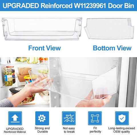 Right Side Refrigerator Door Shelf Replacement Bin For Whirlpool, 16.66 Inch Long, Front and Bottom Views in Use