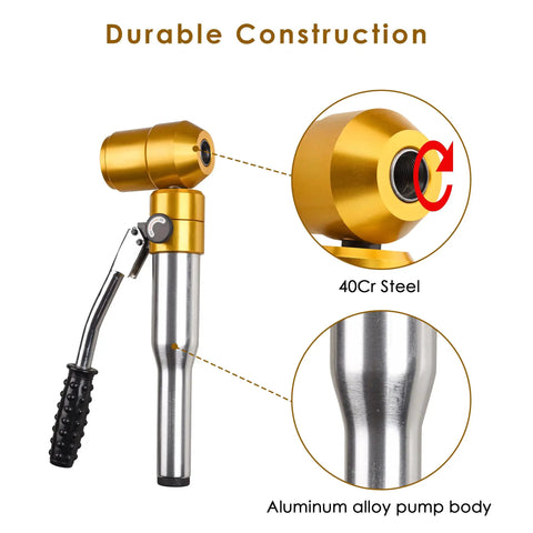 Close-up of 6 Dies 6 Ton Hydraulic Knockout Punch Kit with Hand Pump showing 40Cr steel head and aluminum alloy pump body.