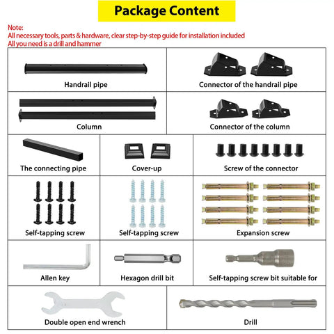 Zero Sweat Setup Adjustable Outdoor Step Railings For Porch And Stairs Adjusts From Zero To Thirty Degree Angles package contents and tools
