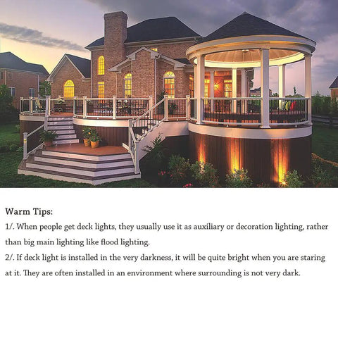 12V Low Voltage Waterproof IP67 Warm White Recessed Deck Lights Kit illuminating outdoor patio and steps at night