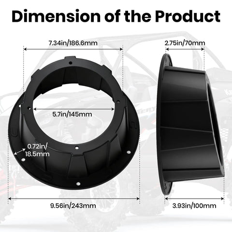No Sweat Install Angled 6.5 Inch Speaker Pods Two Pack Slick Universal Mount Kit dimensions shown in black finish.