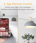 Smartphone showing eHomeLife app controls a ceiling light; 4 Pack Smart Light Switch Single Pole With Neutral Wire Required Works With Apple HomeKit Alexa And Google Assistant 2.4GHz WiFi Remote Voice Control No Hub Needed Easy Install For Decora Wall Plates.