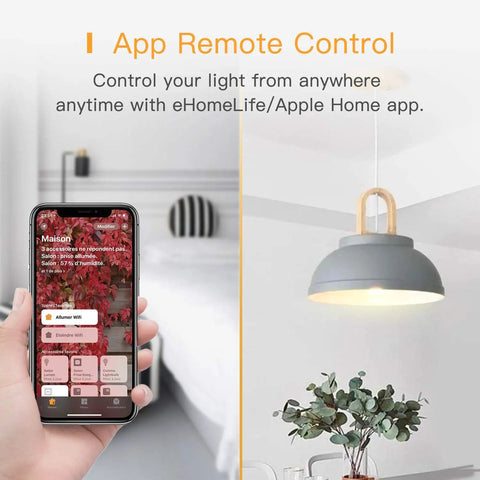 Smartphone showing eHomeLife app controls a ceiling light; 4 Pack Smart Light Switch Single Pole With Neutral Wire Required Works With Apple HomeKit Alexa And Google Assistant 2.4GHz WiFi Remote Voice Control No Hub Needed Easy Install For Decora Wall Plates.