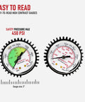 Rugged Nitrogen Regulator For Welding, 2 inch easy-to-read gauges showing pressure range up to 450 PSI, highlighted gauge details