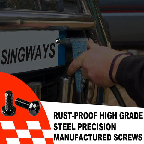 Lock Down Tight With These Badass Black Security License Plate Screws Offering A Real Tamper Proof Anti Theft Build In A Solid Four Pack Compatible With Lexus Honda And Toyota Cars For Serious Street Mods. Close-up of screws being installed on a car's license plate.