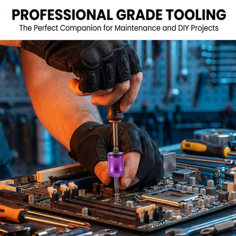 Person using Magnetic Screw Ring One Quarter Inch Hex Holder For Drill Drivers on electronic circuit board