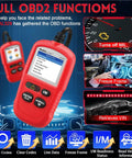 AL329 OBDII Code Reader Scanner For Cars Upgraded One Click I M Emissions Readiness in red with functions display and icons.