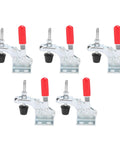 Five-piece Quick Release Vertical Toggle Clamp With 30Kg Clamping Force for welding and assembly, durable metal fixtures, red handles.