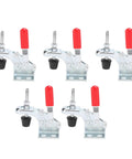 Super Cool Vertical Quick Release Clamp With Epic 30kg Grip For Welding And Heavy Duty Mechanical Work That Locks Tight And Keeps Jobs Secure No Slippage Allowed, set of five galvanized steel clamps with red handles.