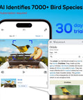 Smart Bird Feeder With Camera For Outdoors Solar Powered Bird House 2K HD Live Video AI Species ID Real Time Alerts 2.4G WiFi Brown Perfect Gift For Bird Lovers showing live video of bird identification on phone screen with trial information.