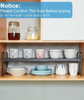 Built Tough Expandable Cabinet Shelf Organizer Set Featuring Adjustable Countertop Storage Rack To Knock Out Clutter And Keep Your Kitchen Stuff Locked In, showing organized mugs and dishes.