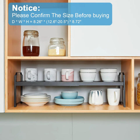Built Tough Expandable Cabinet Shelf Organizer Set Featuring Adjustable Countertop Storage Rack To Knock Out Clutter And Keep Your Kitchen Stuff Locked In, showing organized mugs and dishes.