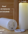 Huge Outdoor Flameless LED Pillar Candles 4X10 Inches IP44 Waterproof with battery compartment open view