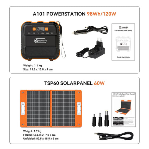 Ultra Portable 98Wh Solar Generator Kit with 60W Foldable Panel, power station, solar panel, cables, user manuals, outdoor use