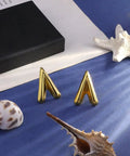 Chunky Gold Plated Earrings for Women, 18K Gold Plated Stainless Steel V Shape Heart Shell Studs on blue fabric with seashells
