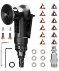 Pneumatic chamfering tool, front view, black, with 12 carbide inserts and assorted accessories.