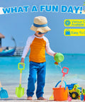 Child playing with Kids Garden Tools Set 8 Pieces With 16 Inch Shovels Beach Sand Toys on beach, including rake, spade, and toy truck.