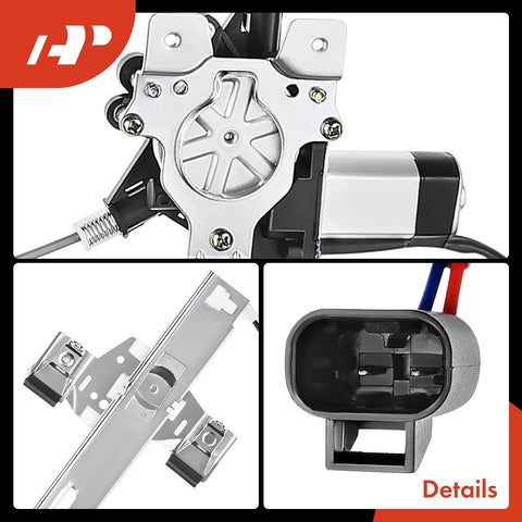 Details of Power Window Regulator With Motor For Hummer H2 2003 2009 Rear Right Passenger Side OE Replacement Direct Fit 2 Pin Motor Ride Ready Smooth Window Action And Long Lasting Performance, highlighting mechanical components and connectors.